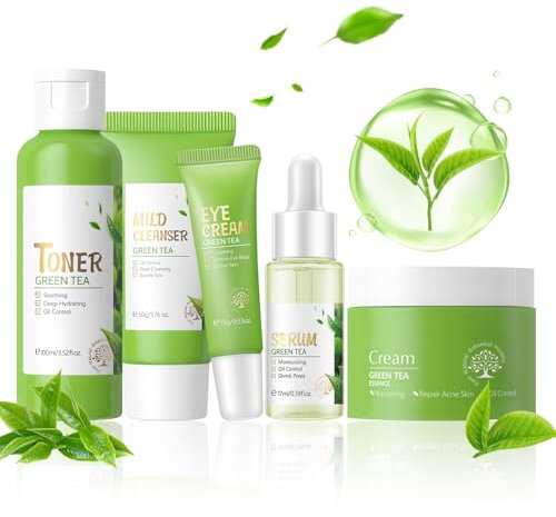 Coffret de soins de la peau, coffret de soins de la peau pour adolescentes avec nettoyant, tonique, sérum, crème pour les yeux, crème pour le visage, coffret de soins de la peau pour (Green Tea)
