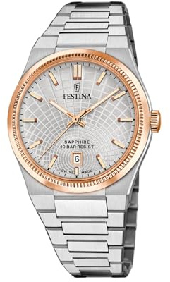 Festina Swiss Made Reloj Hombre Analógico de Acero Inoxidable 316l Plateado - Movimiento de Cuarzo - Calendario - Cristal Zafiro Resistente - Resistente al Agua 10 ATM F20065/1 Rive Collection