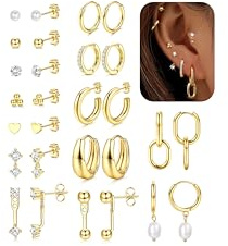 ADRAMATA 14 Paar Ohrringe Gold Set 14K Vergoldete Creolen für Damen Silber/Gold Ohrringe Hängend Hypoallergen Ohrstecker Set Damenohrringe Klein Creolen Helix Piercings Für mehrere Piercings