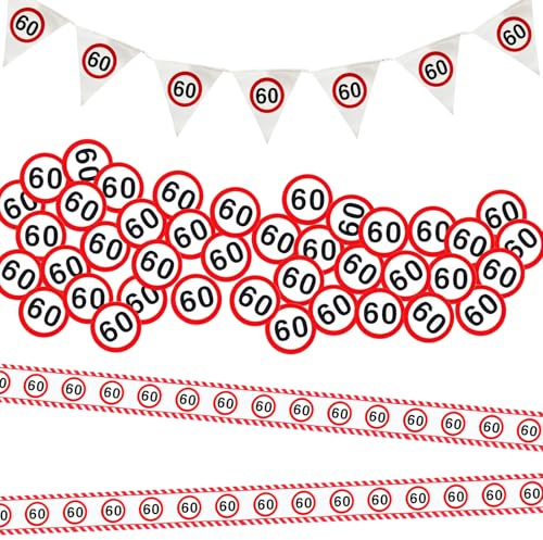 Absperrband 60 Geburtstag Deko,Geburtstag Deko Absperrband Verkehrszeichen 20 m,Verkehrsschild zum 60,mit Wimpel,Geburtstagsdeko,mit Wimpel,für 60 Jubiläum Party