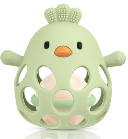 HOTUT Baby Sensory Teething Toy with Rattle,Grasping Ball,1st Boy Girl Easter Basket Gifts,Easy to Grip Soft and Safe,Silicone Relief Chew Teether,for Newborn 3 6 9 12 18 Months,Autistic Toddler