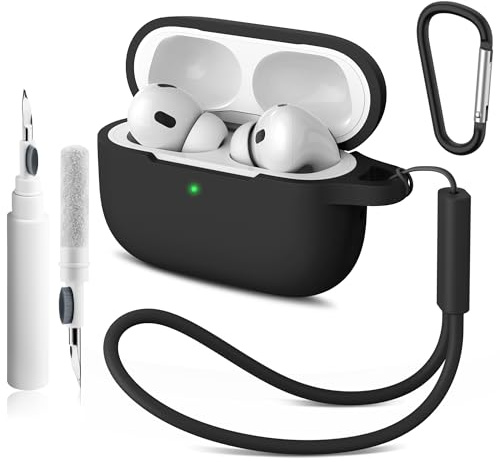 Compatible with Airpods Pro 2nd/1st Case Cover,Silicone Protective Case for Apple Airpods Pro 2nd/1st Generation Charging Case with Keychain and Cleaner Pen,for Women Men (Noir)