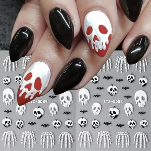 2 Stück Halloween Nagelkunst Sticker, 5D Relief, gruselige Schädel, selbstklebend, Halloween-Sticker, Fledermaus, Knochen, Totenkopf-Designs, Nageldecoration, Feiertags-DIY