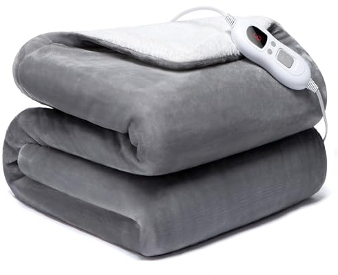 Heated Blanket Electric Throw 160x130cm, 6 Levels &1-9H Timer Auto-Off, Soft Flannel Sherpa Full Body Warming, Easy to Use Detachable Digital Control - Machine Washable (Grey)