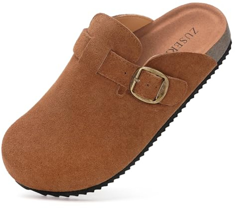 Zuecos niño Cómodas Zapatos Casa niñas Cerradas Zapatillas de Jardín Suave Pantuflas Ajustables Hebilla Corcho Plantilla Antideslizante Suela,Marrón Rojo,35EU