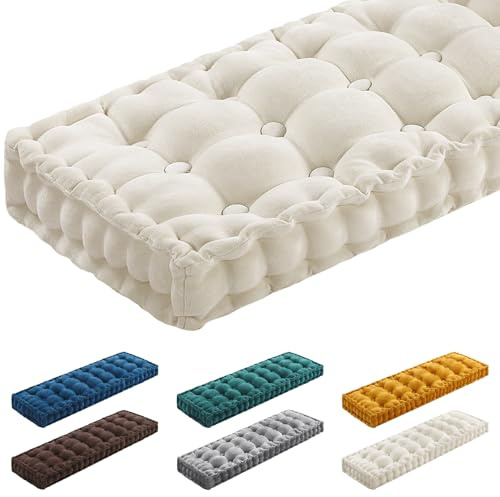 Geelin 48x18 Inch Bench Cushions for Indoor Furniture Chenille Velvet Beige Button Tufted Thicken Seat Pad Mat with Memory Foam Window Sofa Chair Breakfast Nook Floor Pillow for Living Room Porch