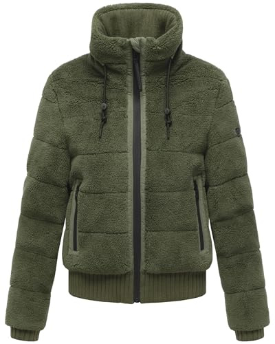 Navahoo Damen Teddy-Fleecejacke warme Winterjacke Plüschjacke mit Rippstrickdetails Schneepuder 14 XS-XXL