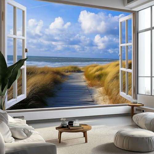 Fotomurales Ventana Cielo Paseo Marítimo Papel pintado mural 200 x 140 cm tejido no tejido, Arte Papel tapiz mural Azul Cielo Moderna Decoración De Pared Sala Oficina Salón