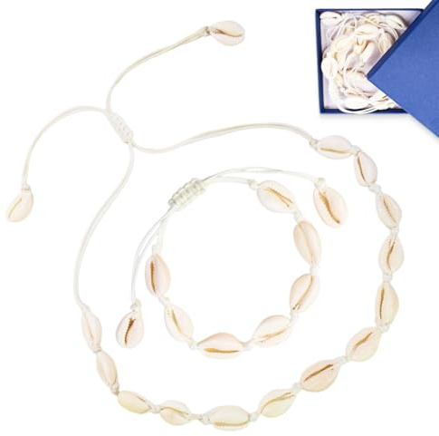 Collier coquillage et bracelet femme fille, 2 pièces bijoux coquillages naturels réglables avec boîte de rangement, collier de plage boho chic été, ras de cou surfeur, idée cadeau accessoire mode