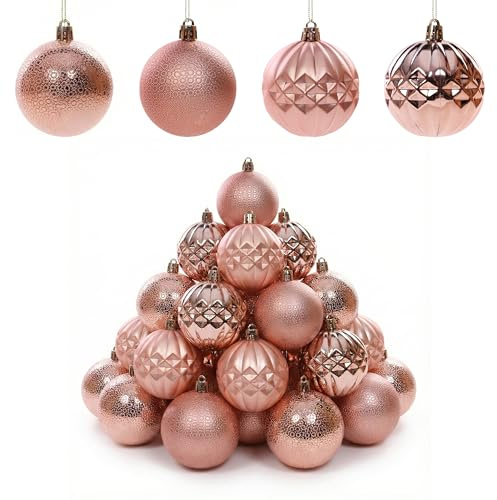 Rose Gold Christmas Baubles 6cm Set of 20 Mixed Style Pack Shatterproof Xmas Tree Decorations Rose Gold Bauble Set for Christmas Tree Décor Style 1