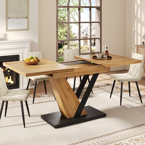 Zepneiy Table de Manger Extensible (120-160 × 75 × 75,5 cm)， Plateau de Table Design Grain de Bois. Table de Cuisine Extensible，Table 6/8 Personnes，Convient aux Cuisines et Salons，Naturelle + Noir