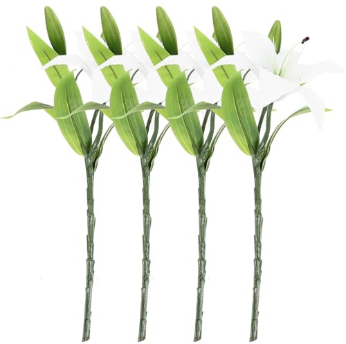 Happyyami Ramo de 4 Lirios Artificiales Realistas Blancos Flores de Tacto Natural para Decoración de Bodas Hogar y Oficina Ramo Simulado Reutilizable sin Mantenimiento Arreglo Floral