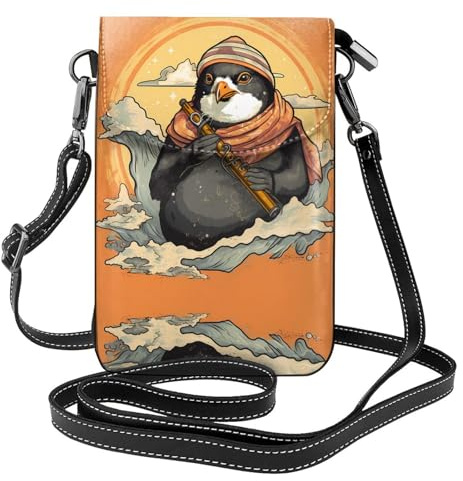 XBKGOHA Petit sac à main pour téléphone portable 19,3 x 12,4 cm, motif pingouin jouant de la flûte, étui à rabat en cuir pour femme, parfait pour la marche, le camping
