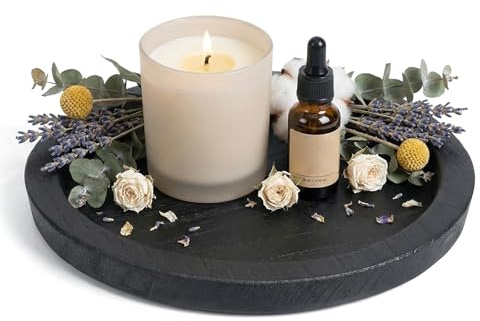 Decorative Tray, Black Round Coffee Table Tray Coffee Table Decor Retro Round Wood Trays Wooden Serving Trays Farmhouse Living Room Decor Vintage Tables Centerpiece (11.5 in)