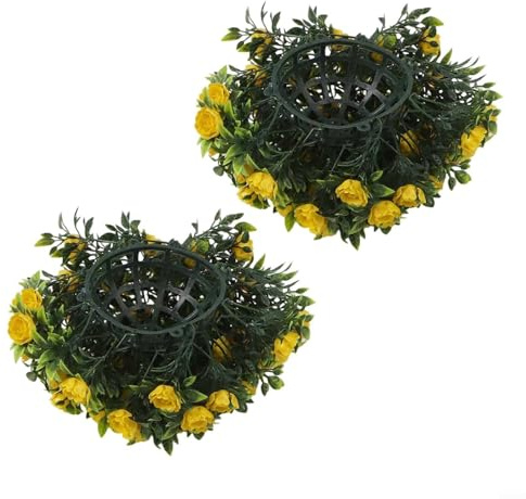 ZWEquipint 2 bolas artificiales para plantas de 25 cm, boj sintético, esferas topiarias, decoración colgante para jardín, boda, uso en interiores y exteriores, verde (rosa amarilla)