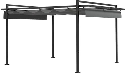 Outsunny Pérgola 3x4 m Gazebo Cenador de Jardín con Techo Retráctil de Poliéster y 12 Orificios de Drenaje Pérgola para Patio Terraza Exterior Gris Oscuro