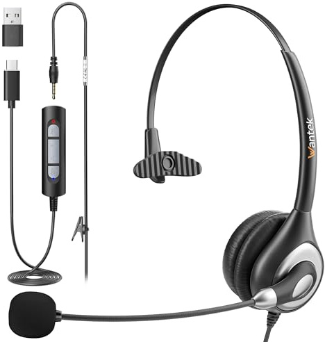 Wantek Cuffie USB con microfono per PC portatile, 3,5 mm/USB/Tipo-C 3 in 1, cuffie per ufficio, call center, lavoro, mono