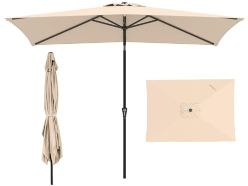 COSTWAY Sonnenschirm 300 x 200 cm, rechteckiger Balkonschirm, beidseitig um 30° knickbar, Gartenschirm mit Kurbel, Terrassenschirm, Marktschirm für Balkon, Garten, Terrasse, Beige