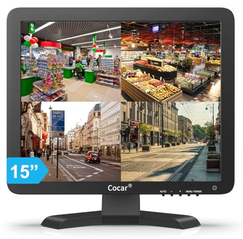 Cocar 15 Pouces Moniteur Video Surveillance, LCD HD Ecran CCTV avec BNC/VGA/HDMI/AV Haut-Parleur Intégré pour Domicile/Magasin Caméra Système de Surveillance de la Sécurité(1024x768 Résolution)