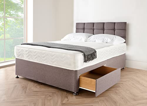 Grey Linen Look Fabric Divan Bed - 4FT6 Double Bed Frame with 20” High Matching Headboard - Bed Base with Spring Memory Foam Mattress 10” and 2 Storage Drawers