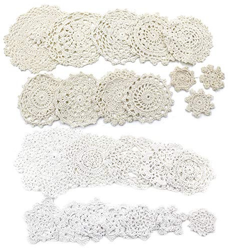 Jiozermi 24 Pcs Hand Crochet Lace Doilies, Handmade Vintage Round Lace Doilies Placemats Snowflake Mini Doilies for Table Decoration, Varied Sizes (12 White & 12 Beige)