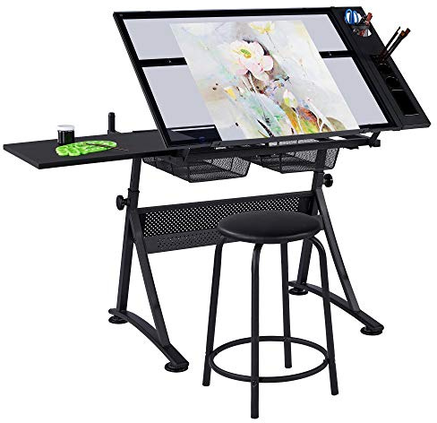 costoffs Multifunctional Glass Craft Tiltable Table with Side Counter Black