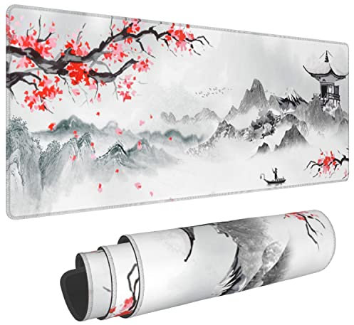 Gaming Mouse Pad Pink Japanese Cherry Blossom White XXL XL Large Mouse Pad Mat Long Extended Mousepad Desk Pad Non-Slip Rubber Mice Pads Stitched Edges (31.5x11.8x0.12 Inch)