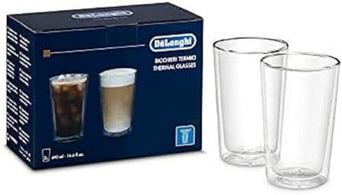 De'Longhi DLSC319 - Juego de vasos térmicos de cristal de doble pared, resistente de borosilicato, cómodo de mantener, sin condensación, lavable en lavavajillas, capacidad 490 ml