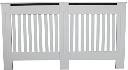 AUTOFU White Painted Radiator Cover Modern MDF Cabinet, Slats, Grill, Wood Top Shelf, Large