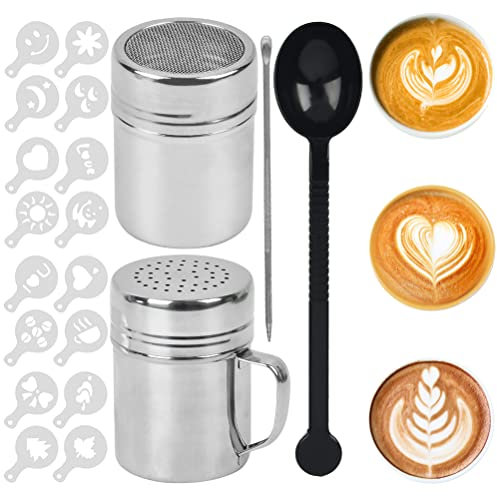 TIMESETL 2 Sizes Coffee Sprinkles Powder with 16 Coffee Stencils, Stainless Steel Mesh Icing Sugar Shaker for DIY Cappuccino, Latte
