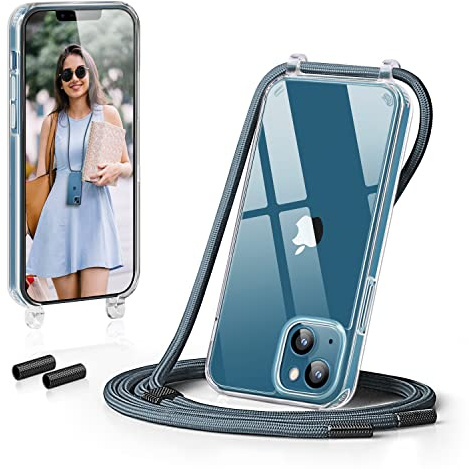 GOODVISH Handykette für iPhone 13 Hülle mit Band Transparent, Blau | Kameraschutz und Bildschirmschutz, Necklace Handyhülle mit Schnur Schutzhülle für zum Umhängen Case 13 mit Kordel 6.1
