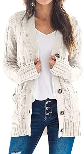 JFAN Cardigan Donna Maglia Inverno Casual Lungo Lana Cardigan con Tasche Sciolto Aperto Anteriore Bottoni Cardigan,Bianco Crema XL