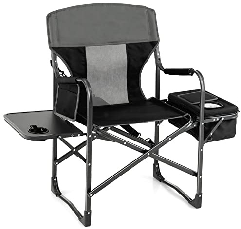 GIANTEX Sedia Pieghevole Da Campeggo, Sedia Campeggio Pieghevole da Esterno Giardino con Tavolo Laterale, Sedia Mare Spiaggia Pesca da Esterno Tasca Portaoggetti e Borsa Termica 53x98x113 cm