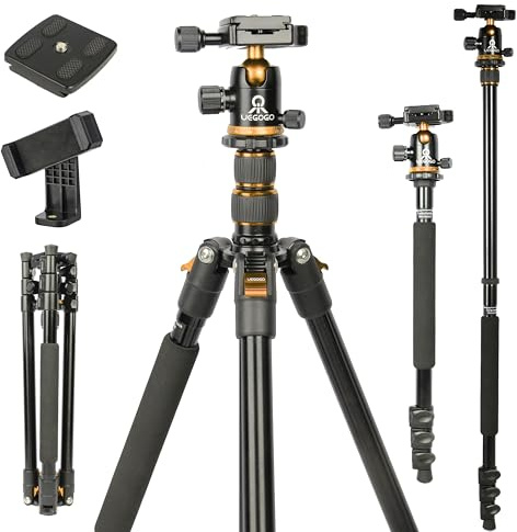ZOMEi Trépied de voyage pour appareil photo 196 cm en aluminium robuste avec rotule à 360°, étui de transport, support de téléphone, parfait pour prise de vue vidéo/selfies/diffusion en