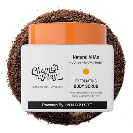 Chemist at Play Exfoliating Body Scrub für Entfernen von Skin und Tan, Glätten rauer und knochiger Haut, natürliche Sonneneinstrahlung und Pigmentierung mit AHAs, Kaffee für Männer und Frauen 75g