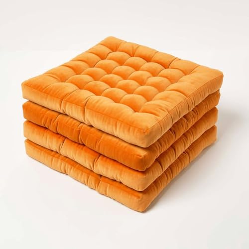 Homescapes 4er Set Sitzkissen Samt orange – Stuhlkissen 40x40 mit Bändern, Sitzauflagen Baumwollsamt, bequem, weich & Oeko-TEX-Zertifiziert