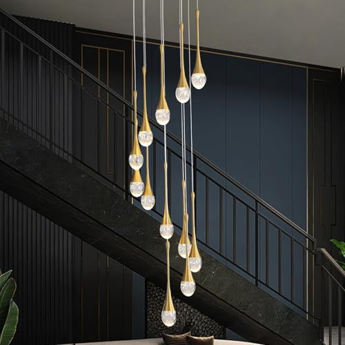 Led-Dimmbarer Kronleuchter,Goldener Regentropfen Kristall Lampe,305 Cm HöHenverstellbarer Wohnzimmer Pendelleuchte, Kronleuchter FüR Foyer,Eingang,Villa Treppenhaus,12 Lichter Pendellampe,60W