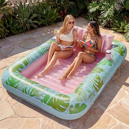 SLOOSH Uppblåsbar solstol flytande solstol, 215 cm x 145 cm extra stor pool flyter vuxen med kudde, 4-i-1 solbrun badflotte, solbadsäng vardagsrum för vattenuppblåsbar bollgrop, XL-cyan rosa
