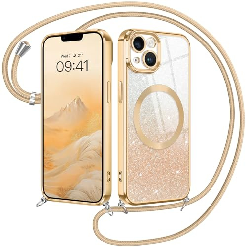 GUAGUA Handykette für iPhone 13 Hülle mit Band iPhone 13 Glitzer Handyhülle [Kompatibel mit MagSafe] Magnetische Schutzhülle Stoßfeste Weiche TPU Schutzschale, (6,1'') Gold