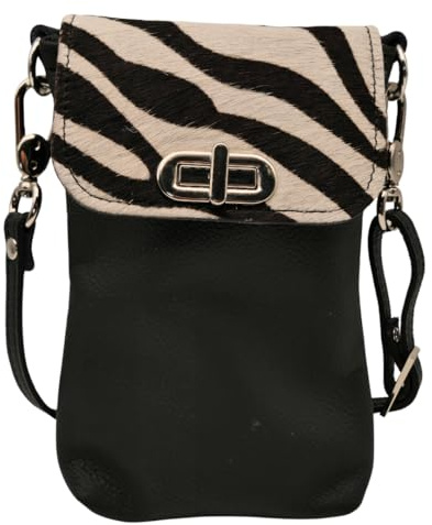 AnnaMatoni Handytasche zum Umhängen echt Leder Made in Germany, Handy Umhängetasche, Handytasche zum Umhängen, handtasche 100% Soft Nappa Leder mit echt Kuhfell umhängetasche Schwarz