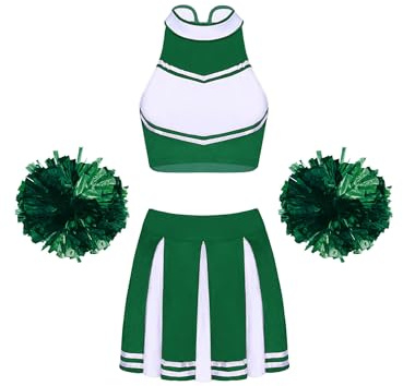 iiniim Damen Cheer Leader Kostüm Cheerleading Uniform Crop Tops mit Rock Pompoms Tanzkleid Halloween Karneval Fasching Kostüm Grün M