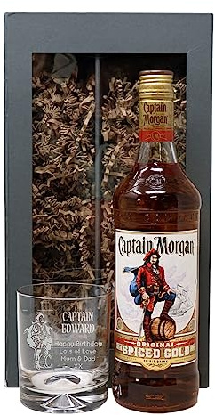 Personalised Dimple Glass Tumbler & Capt Morgan Rum 70cl - Captain Pirate Design (Presentation Gift Box)
