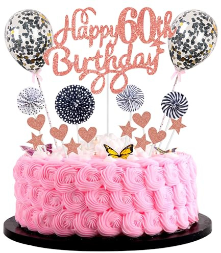 Cnrose Rose Gold 60th Birthday Cake Decoration Set: 28 Pieces, Includes 'Happy 60th Birthday' Topper, Stars, Hearts, Balloons, Fans, Straws - Perfect for Birthday Parties, Anniversaries, Baby Showers