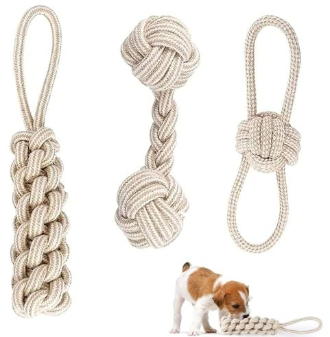 Bull Tiger Prestige 3 Stück Hundespielzeug Seil, Zerrspielzeug für Hunde aus Natürlicher Baumwolle, Interaktive Kauen Spielzeug mit Knoten Ball, Hundeseil Spielzeug für Mittelgroße Hunde kleine