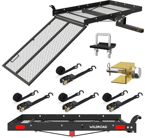 WILDROAD Hitch Cargo Carrier with Ramp 48 x 26 x 4 500 LBS Folding Trailer Hitch Steel Wheelchair and Mobility Scooter Carrier Fits 2 Receiver with Stabilizer and 4pcs Ratchet Straps