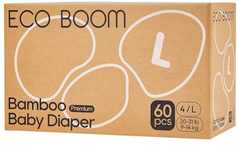 ECO BOOM Pannolini ecologici premium per bambini Taglia 4 in bambù (9-14 kg), per pelli sensibili dei bambini, confezione da mezzo mese, 60 pezzi