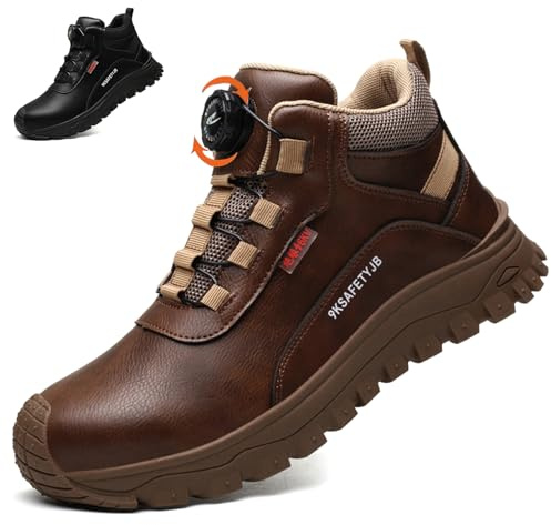 SDEQA Chaussures de Sécurité Hommes Cuir Preuve de l'eau avec Bouton de Rotation Bottes de Travail Protection Embout Acier Antidérapante Respirantes,Marron,44 EU
