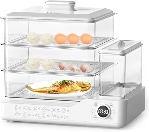 OFNHJK Vaporera de Alimentos de 800W, Vaporera Eléctrica de 24L con Pantalla Táctil, Vaporera de Cocina Saludable para Verduras y Carnes, Vapor Rápido, Reserva de 12 Horas y 12 Modos de Cocción White
