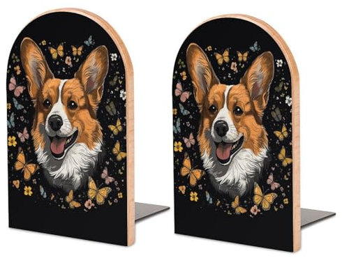 1 Paar Buchstützen aus Holz, Schmetterlinge um Corgi-Kopf, große Kapazität, Büro-Buchstützen mit Metallsockel, Buchstützen, dekoratives Bücherregal, Organizer für Geschenk, Zuhause, Büro, Bibliothek