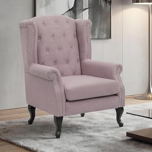Mendler Poltrona Stile Vittoriano Elegante Chesterfield Tessuto - Rosa Chiaro Senza poggiapiedi